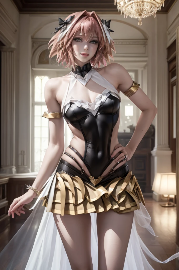 ((masterpiece)), ((best quality)), (detailed), astolfo, Beautiful, Beautifu and slim perfect body, slim body, really female, slim female body, female, very innocent smile, innocent smile, femboy, boy, bright pink hair, spiky hair, short hair, a long braid, lock of white hair on left side, perfect, solo, gorgeous femenine person, wedding dress, mini dress, micro skirt, mini skirt, bridal veil on the head, small bulge, luscious lips, long hair, sexy,