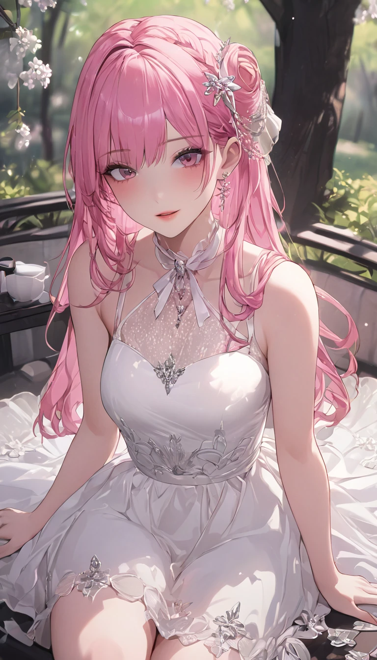 high detail, anime, anime style, pov, perspective, UHD, retina, masterpiece, accurate, anatomically correct, textured skin, super detail, high details, high quality, award winning, best quality, highres, HD, 16k, a anime girl, elegant, tea break, cinematic lightning, unaestheticXL_bp5, aidxlv05_neg, (negative_v2 Color_Balance_Calibration:0.8), DeepNegative_xl_v1, (SuperQuality:1.0) ~ (SuperQuality:1.2), AissistXLv2, badhandv4, lr, pov, pink hair, white dress, social media composition, stocking, solo, front views, pov, full body, sit, park, side views