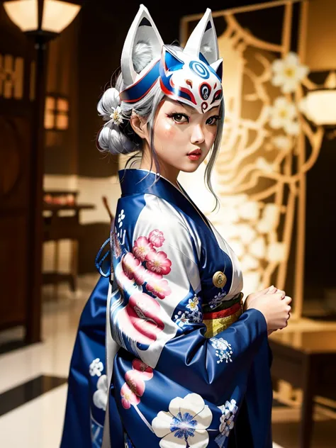 fox mask、silver hair、blue kimono、one girl, official art, unity 8k wallpaper, super detailed, beautifully、aesthetic, masterpiece,...