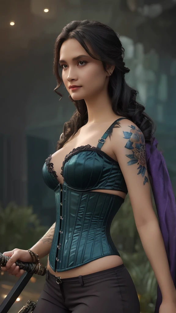 ((best quality)), ((masterpiece)), (detailed), ((Photorealistic)), 4K, highres, symmetrical, Visualize an enchanting fantasy scene where a beautiful woman floats effortlessly in mid-air, She has ((flower_tattooed)). She wears a tantalizingly sexy corset, meticulously designed to accentuate her form. The corset is crafted from sleek, dark material that has a faint metallic sheen, giving it a modern, almost cyberpunk edge. Intricate patterns of shimmering silver and electric blue thread weave through the corset, catching the dim light and adding an ethereal quality to her attire. Her long, wavy hair cascades in rich, deep shades of midnight blue and violet, flowing down her back and around her shoulders with an almost liquid grace. It catches the ambient light, creating an aura of otherworldly beauty around her. Her expression is a study in dark allure: a sly, cynical smile curves her lips, and her eyes, sharp and intense, seem to pierce through the very fabric of reality, glinting with a predatory gleam. In each hand, she wields a pair of elegant twin swords, their blades long and sinuous, etched with glowing runes that pulse with a soft, menacing light. The swords are perfectly balanced, their handles wrapped in dark, textured leather that provides a secure grip. The intricate designs on the blades catch the light in a way that makes them look almost alive, enhancing their deadly allure. Her bat wings, a striking feature, are large and imposing, with a translucent, dark membrane stretched between elongated, sinewy bones.  The backdrop of this scene is a dystopian future Halloween night. The sky is a deep, swirling mixture of dark purples and blacks, illuminate. 