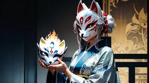 fox mask、silver hair、blue kimono、one girl, official art, unity 8k wallpaper, super detailed, beautifully、aesthetic, masterpiece,...