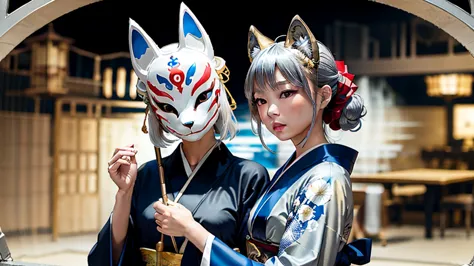 fox mask、silver hair、blue kimono、one girl, official art, unity 8k wallpaper, super detailed, beautifully、aesthetic, masterpiece,...