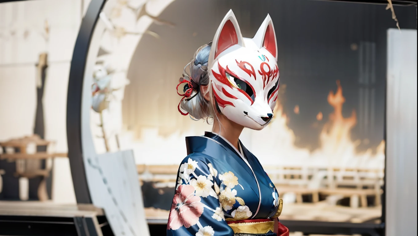 Fox Mask、Silver Hair、Blue kimono、One Girl, Official Art, unity 8k wallpaper, Super detailed, beautifully、aesthetic, masterpiece, highest quality, Realistic, (Abstract background) (zenTangle, Mandala, Tangle, enTangle background:0.7) kitsune, Fox Mask Template, Haori, Foxfire spells, Fox Familiar, conversion, Depth of written boundary, A fantastic atmosphere, The most beautiful form of chaos, elegant, Brutalist design, flowers of death, Flower Ecstasy