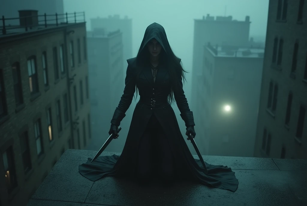 An assassin emerges from a dark alleyway, out of the fog, a mercenary, an assassin, holding a knife in each hand, crouching on one knee on a rooftop, ((masterpiece, Highest quality, Best image quality, High resolution, Realistic, RAW Photos, 8k, Highly detailed CG synthesis 8k wallpaper)), (Huge and stunning goddess shot, Very hot and sexy, Incredible beauty, Perfect Proportions, Beautiful body, Slim body beauty:1.4), view from above, Backlight, 