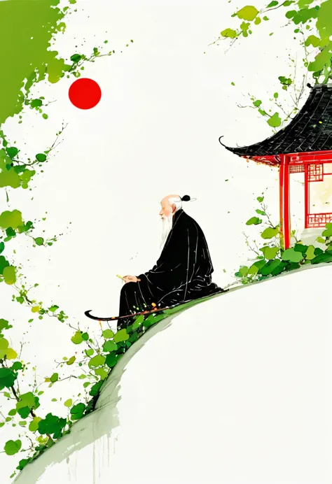 中国水墨画sketch：light ink，lowercase，sketch，artistic conception，old man in the moonlight，minimalism，white background。(((negative spac...