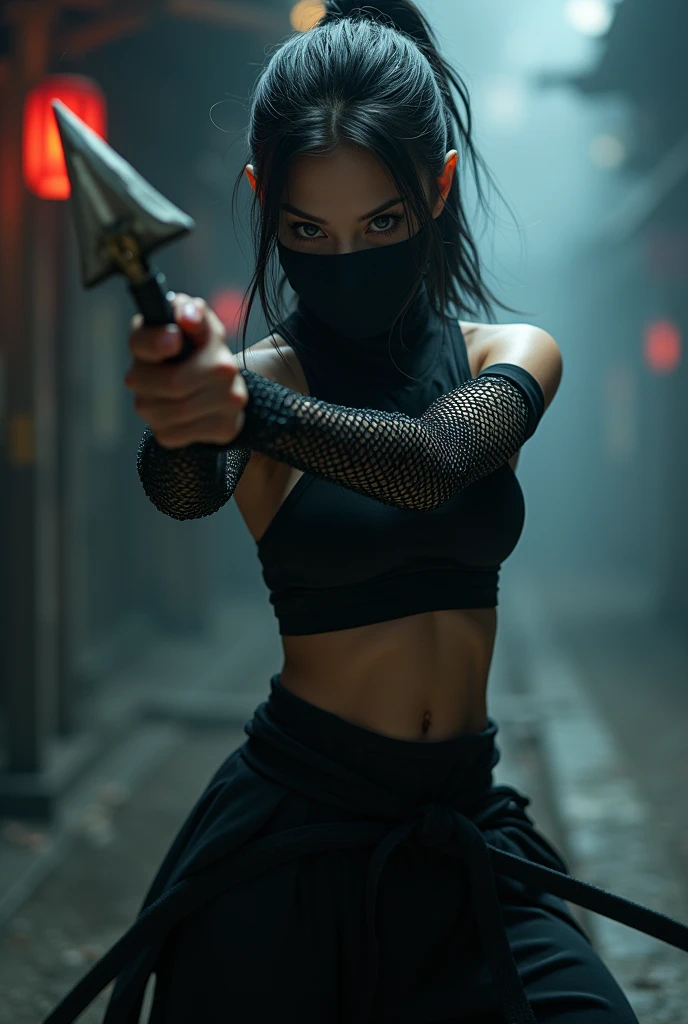 pose throwing shuriken, beautiful Japanese ninja, cover the mouth with a black cloth, mysterious glowing eyes, ponytail, no-sleeve ninja clothing, chain mail long sleeve underwear, 