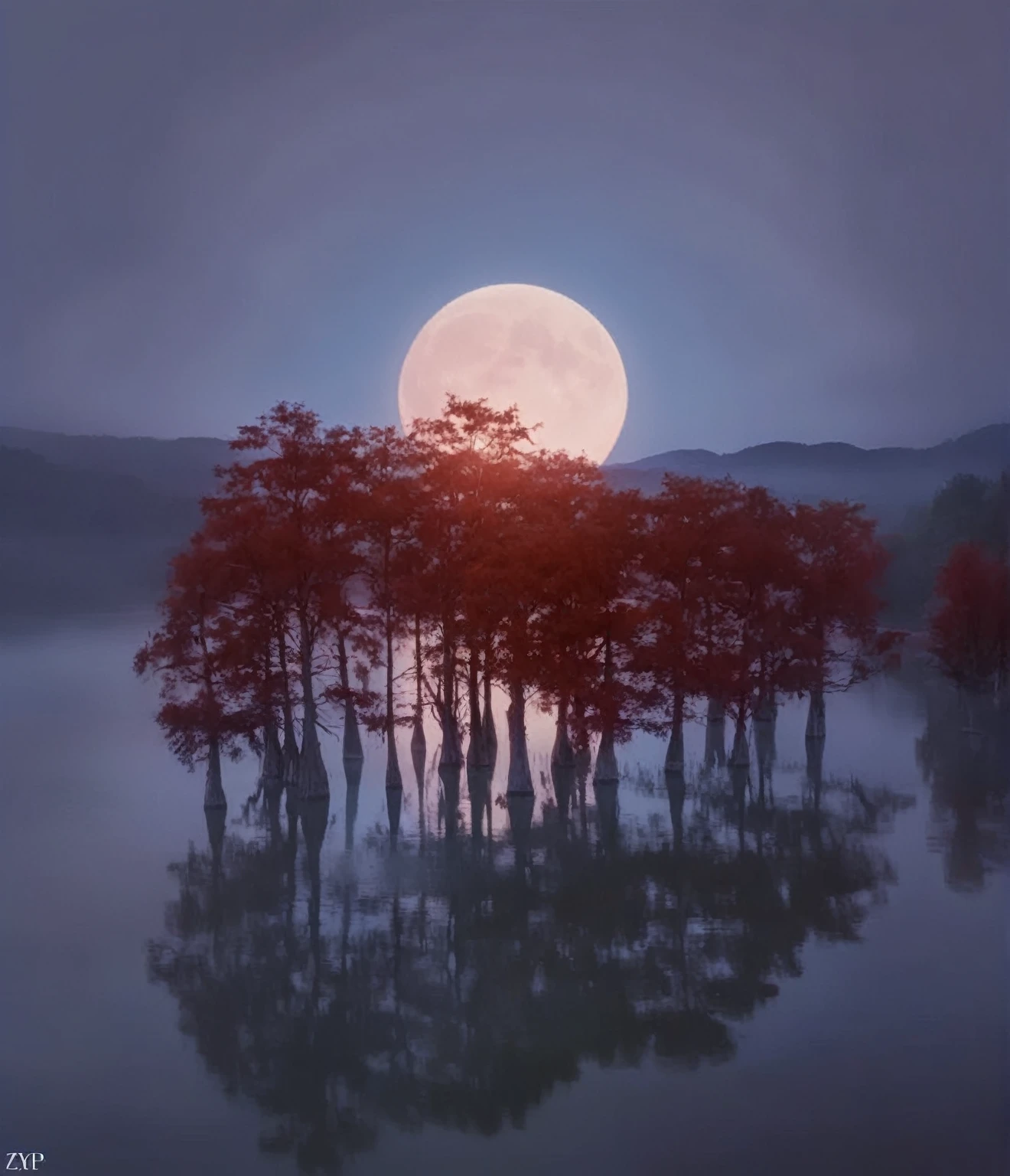 a serene, moonlit scene featuring a cluster of Trees with deep red foliage standing in tranquil water. The full moon, Big and bright, Creates stunning silhouettes against a twilight sky, 在平静的water面上投下柔和的倒影. Charming and quiet atmosphere, The gentle natural beauty is enhanced by the soft lighting, Ethereal Lights. 

### Detailed Tags:

- **expression:** n/a (no human subjects)
- **hairstyle:** n/a
- **clothing:** n/a
- **accessories:** n/a
- **posture:** n/a
- **gaze:** n/a
- **Skin conditions:** n/a
- **Background:** natural scenery, Trees, water, moon, Twilight Sky - **Lights and colors:** Soft natural lighting from the moon, Soft Tones, Soft reflections - **Context and atmosphere:** Quiet, serene, mystery, Serenity - **Photography skills:** Low angle shot, Wide-angle view, Deep Depth of Field, Balanced exposure, still - **Shooting Equipment:** Probably a DSLR or mirrorless camera，With a wide-angle lens, this description captures the tranquility, The scenes depicted have a dream-like quality, emphasizing the natural beauty and the play of moonlight and shadows.