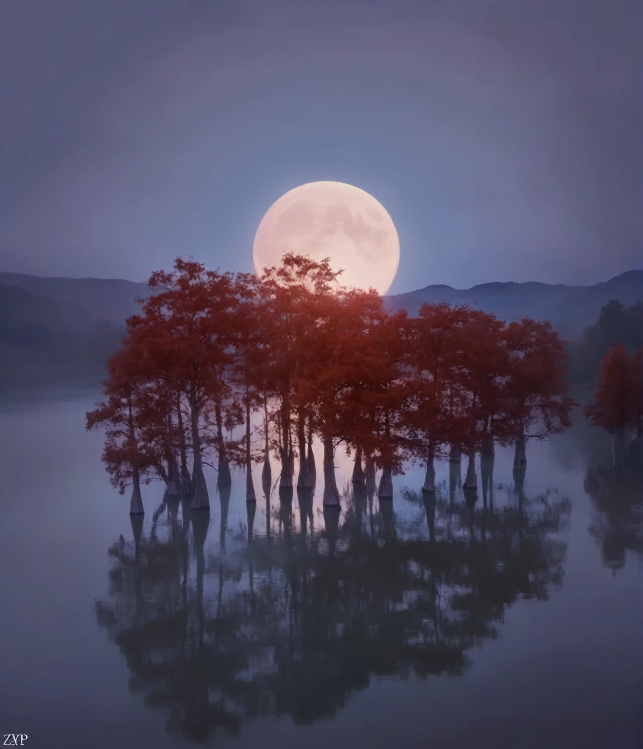 a serene, moonlit scene featuring a cluster of Trees with deep red foliage standing in tranquil water. The full moon, Big and bright, Creates stunning silhouettes against a twilight sky, 在平静的water面上投下柔和的倒影. Charming and quiet atmosphere, The gentle natural beauty is enhanced by the soft lighting, Ethereal Lights. 

### Detailed Tags:

- **expression:** n/a (no human subjects)
- **hairstyle:** n/a
- **clothing:** n/a
- **accessories:** n/a
- **posture:** n/a
- **gaze:** n/a
- **Skin conditions:** n/a
- **Background:** natural scenery, Trees, water, moon, Twilight Sky - **Lights and colors:** Soft natural lighting from the moon, Soft Tones, Soft reflections - **Context and atmosphere:** Quiet, serene, mystery, Serenity - **Photography skills:** Low angle shot, Wide-angle view, Deep Depth of Field, Balanced exposure, still - **Shooting Equipment:** Probably a DSLR or mirrorless camera，With a wide-angle lens, this description captures the tranquility, The scenes depicted have a dream-like quality, emphasizing the natural beauty and the play of moonlight and shadows.