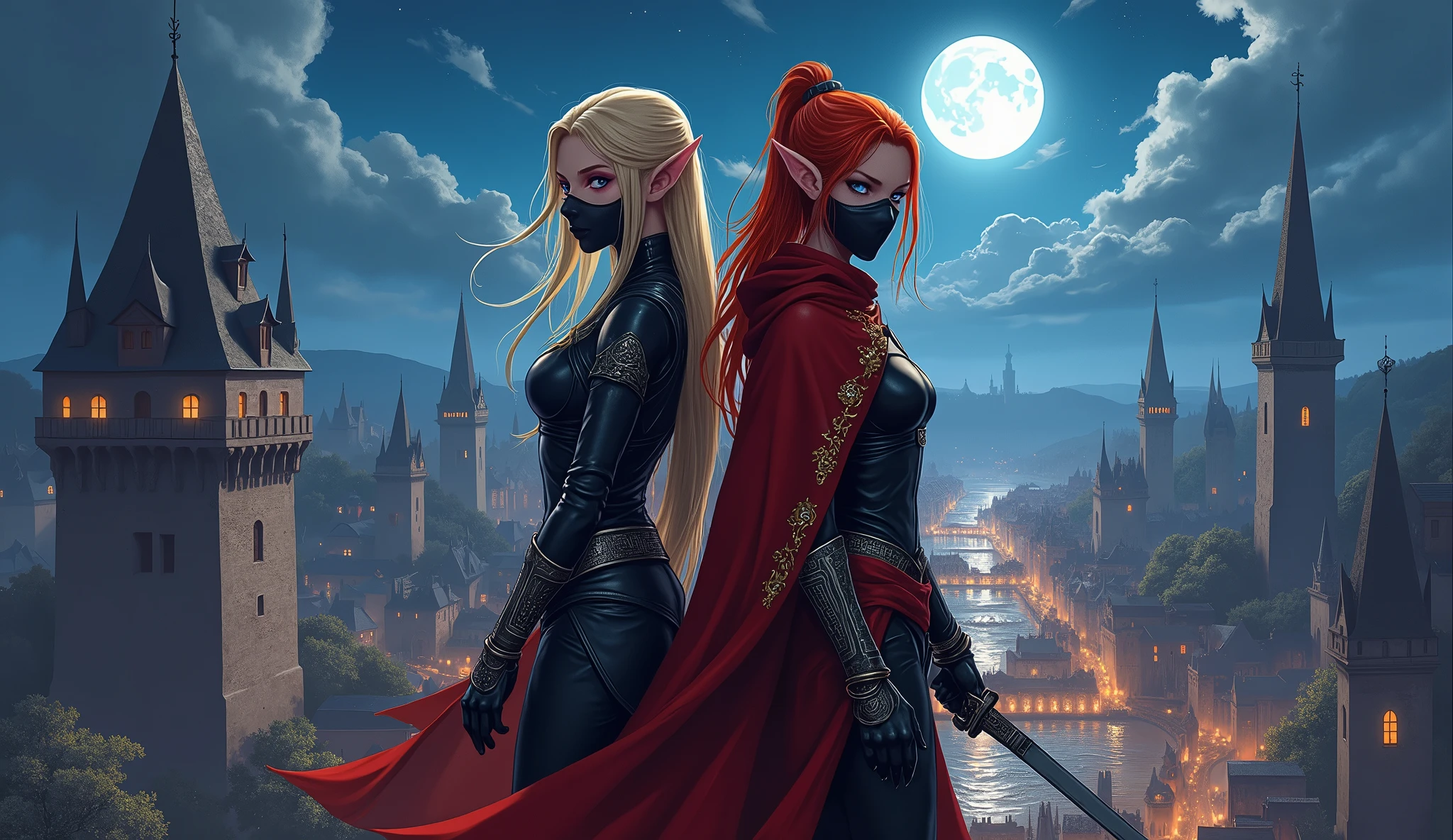 Create an award-winning digital anime masterpiece featuring two masked elven assassins standing back to back on the roof of a tall tower, overlooking a sprawling fortress town below. The blonde assassin, with her striking blue eyes, wears a sleek, dark leather outfit with silver accents that catch the moonlight, while the fiery redhead is dressed in a flowing crimson cloak adorned with intricate gold patterns. Both outfits are designed with exotic, intricate details that highlight their agility and elegance.

Their expressive eyes, partially hidden behind ornate masks, convey a blend of determination and calm focus as they prepare for whatever may come. Below them, the fortress town is rendered in a richly textured anime style, with massive stone walls, winding streets, and glowing lanterns that cast a warm, ambient light across the scene. The town’s architecture is a blend of medieval and fantasy elements, with towering spires, sturdy battlements, and bustling courtyards.

The night sky above is clear, with a full moon illuminating the entire scene, casting dramatic shadows and enhancing the contrast between the dark tones of their attire and the vibrant colors of the town below. The wind gently tousles their hair and clothing, adding a sense of movement and tension to the scene.

The composition captures the epic scale of the setting, with the two assassins standing ready on the precarious roof of the tower, their finely crafted weapons—gleaming blades and intricately designed daggers—at their sides. The anime art style brings the scene to life with bold, vivid colors, dramatic lighting, and meticulous attention to detail, creating a visually stunning and captivating moment of calm before the storm.