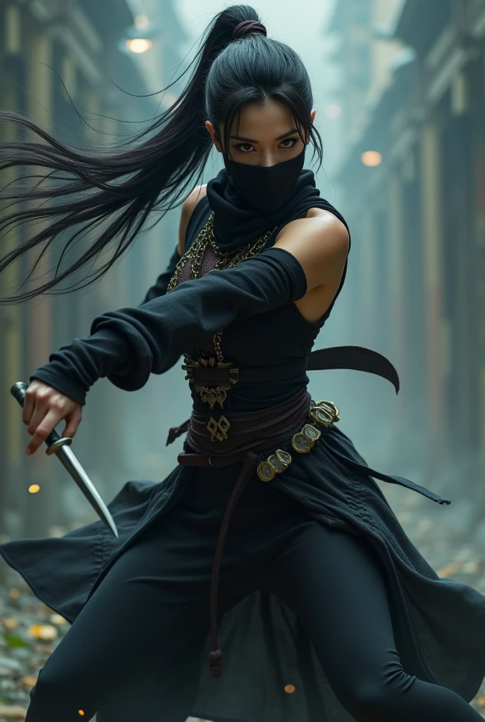 pose throwing shuriken, beautiful Japanese ninja, cover the mouth with a black cloth, mysterious glowing eyes, ponytail, no-sleeve ninja clothing, chain mail long sleeve underwear, 