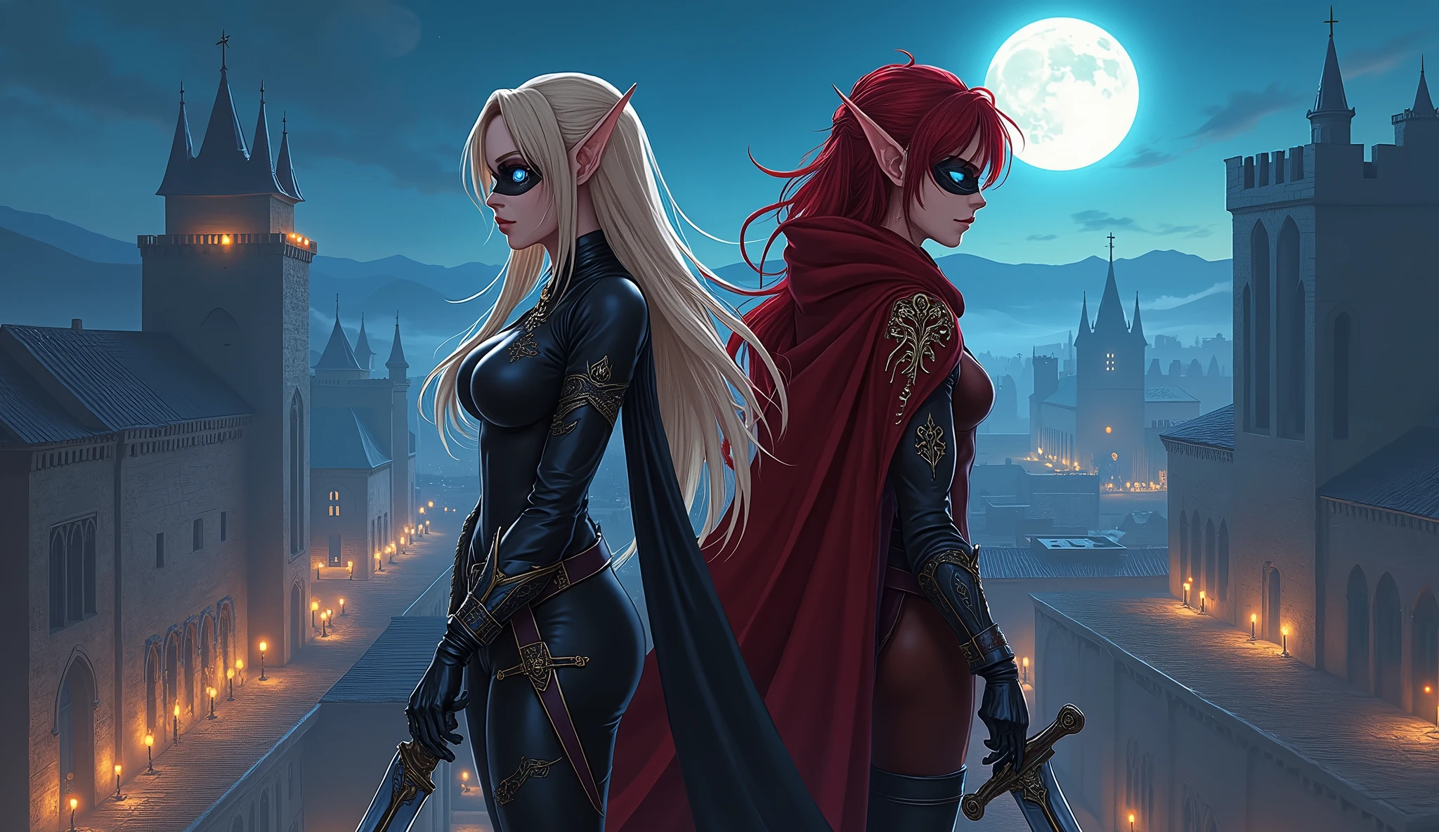 Create an award-winning digital anime masterpiece featuring two masked elven assassins standing back to back on the roof of a tall tower, overlooking a sprawling fortress town below. The blonde assassin, with her striking blue eyes, wears a sleek, dark leather outfit with silver accents that catch the moonlight, while the fiery redhead is dressed in a flowing crimson cloak adorned with intricate gold patterns. Both outfits are designed with exotic, intricate details that highlight their agility and elegance.

Their expressive eyes, partially hidden behind ornate masks, convey a blend of determination and calm focus as they prepare for whatever may come. Below them, the fortress town is rendered in a richly textured anime style, with massive stone walls, winding streets, and glowing lanterns that cast a warm, ambient light across the scene. The town’s architecture is a blend of medieval and fantasy elements, with towering spires, sturdy battlements, and bustling courtyards.

The night sky above is clear, with a full moon illuminating the entire scene, casting dramatic shadows and enhancing the contrast between the dark tones of their attire and the vibrant colors of the town below. The wind gently tousles their hair and clothing, adding a sense of movement and tension to the scene.

The composition captures the epic scale of the setting, with the two assassins standing ready on the precarious roof of the tower, their finely crafted weapons—gleaming blades and intricately designed daggers—at their sides. The anime art style brings the scene to life with bold, vivid colors, dramatic lighting, and meticulous attention to detail, creating a visually stunning and captivating moment of calm before the storm.