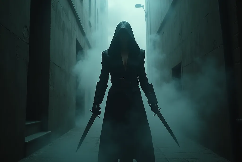 An assassin emerges from a dark alleyway, out of the fog, a mercenary, an assassin, holding a knife in each hand,  a poster for an action movie, “The Assassin” written in large letters in the center of the screen, ((masterpiece, Highest quality, Best image quality, High resolution, Realistic, RAW Photos, 8k, Highly detailed CG synthesis 8k wallpaper)), (Huge and stunning goddess shot, Very hot and sexy, Incredible beauty, Perfect Proportions, Beautiful body, Slim body beauty:1.4), view from above, Backlight, 