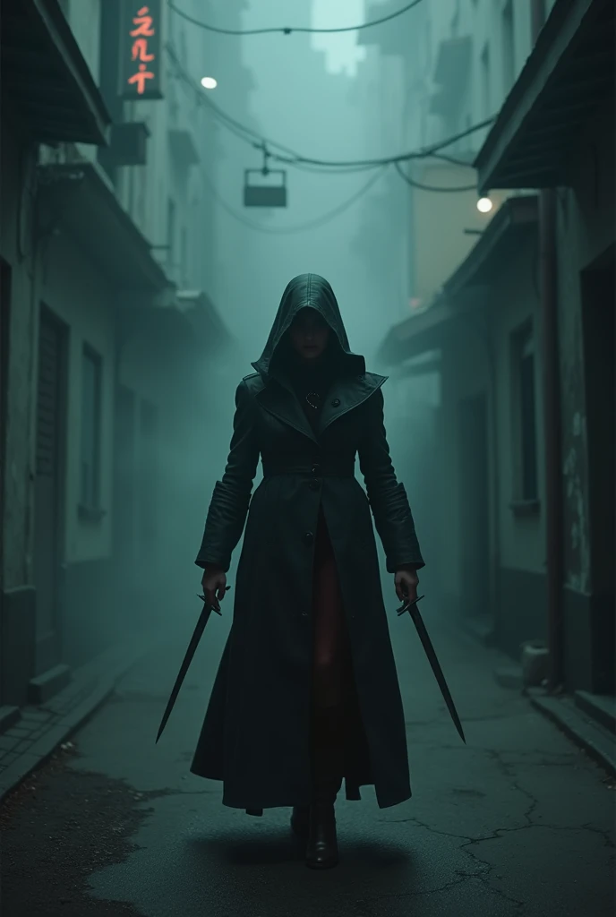 An assassin emerges from a dark alleyway, out of the fog, a mercenary, an assassin, holding a knife in each hand,  a poster for an action movie, ((masterpiece, Highest quality, Best image quality, High resolution, Realistic, RAW Photos, 8k, Highly detailed CG synthesis 8k wallpaper)), (Huge and stunning goddess shot, Very hot and sexy, Incredible beauty, Perfect Proportions, Beautiful body, Slim body beauty:1.4), view from above, Backlight,“The Assassin” written in large letters in the center of the screen,  