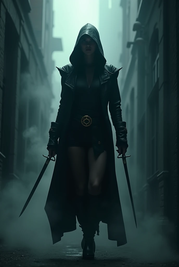 An assassin emerges from a dark alleyway, out of the fog, a mercenary, an assassin, holding a knife in each hand,  a poster for an action movie, ((masterpiece, Highest quality, Best image quality, High resolution, Realistic, RAW Photos, 8k, Highly detailed CG synthesis 8k wallpaper)), (Huge and stunning goddess shot, Very hot and sexy, Incredible beauty, Perfect Proportions, Beautiful body, Slim body beauty:1.4), view from above, Backlight,“The Assassin” written in large letters in the center of the screen,  