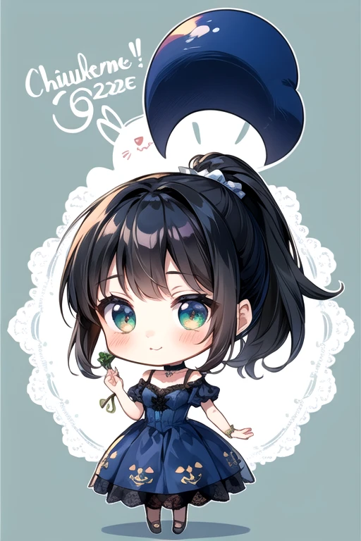 (Highest quality)、(Highest quality)、cute、(choker).eyes are emerald、(ponytail)、(Black Hair)、(cuteドレス).(Navy blue lace dress).((Chibi Character)).