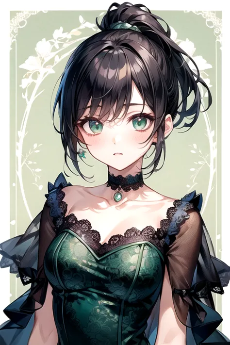 (highest quality)、(highest quality)、cute、(choker).eyes are emerald、(ponytail)、(black hair)、(cuteドレス).(lace dress).