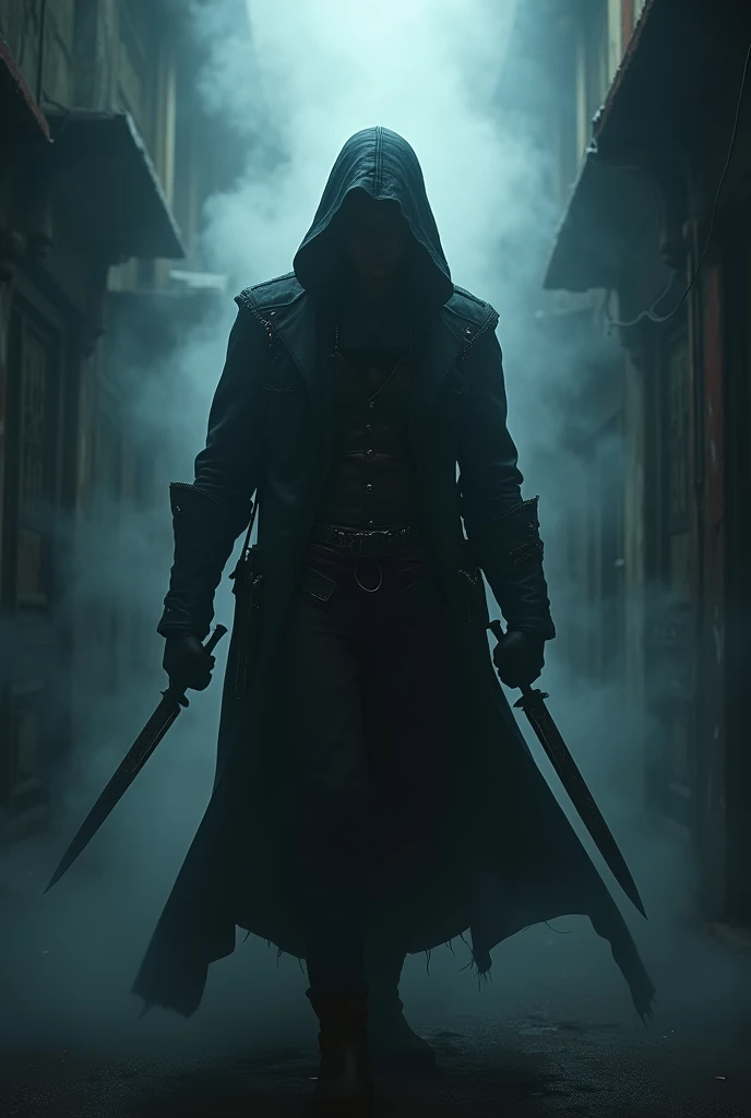 An assassin emerges from a dark alleyway, out of the fog, a mercenary, an assassin, holding a knife in each hand,  a poster for an action movie, ((masterpiece, Highest quality, Best image quality, High resolution, Realistic, RAW Photos, 8k, Highly detailed CG synthesis 8k wallpaper)), (Huge and stunning goddess shot, Very hot and sexy, Incredible beauty, Perfect Proportions, Beautiful body, Slim body beauty:1.4), view from above, Backlight,“The Assassin” written in large letters in the center of the screen,  