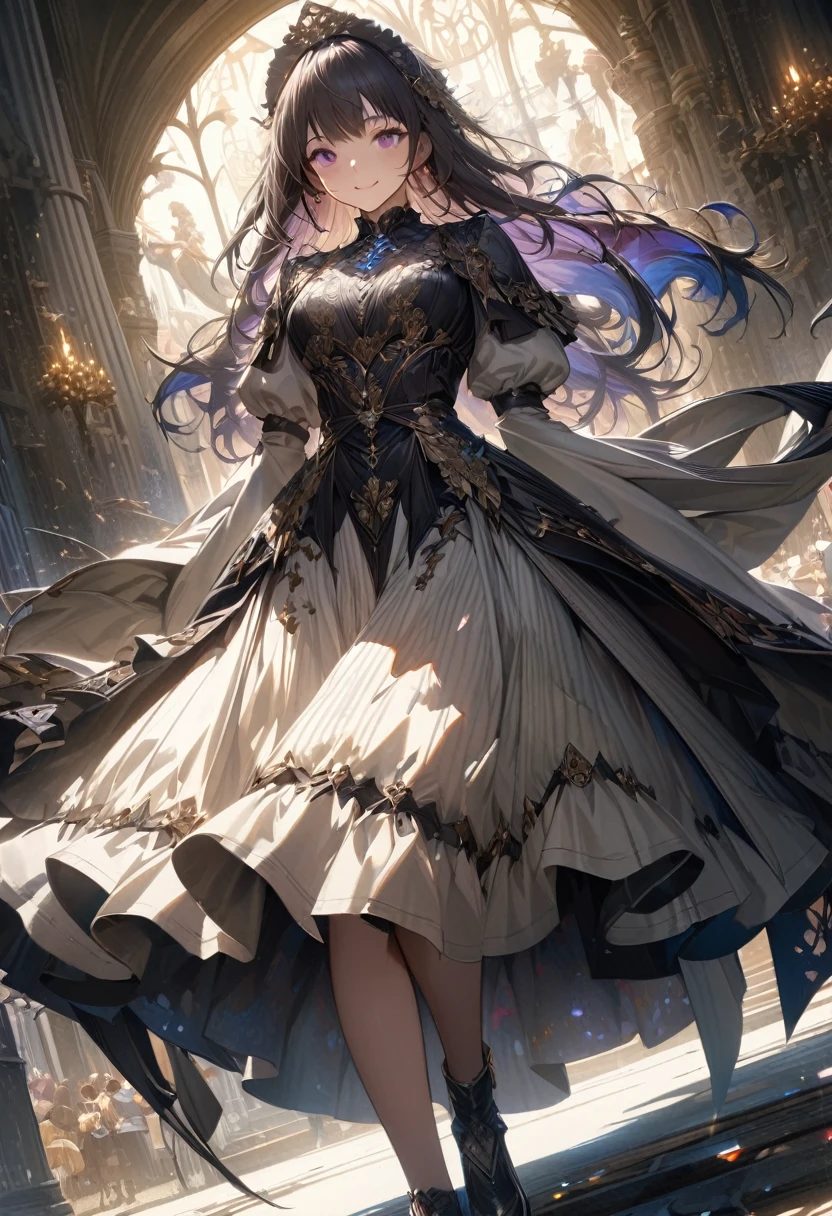 Anime Style、Full Body Shot,A beautiful 1 woman、Smile、 medieval fantasy inspiration, Elegant maid with fine frock coat and long grey striped skirt、Gradationが美しい銀色のウェーブロングヘアー、 最high quality, 最high qualityの, high quality, Beautiful details, Intricate details, Incredible detail, Very detailed, intricate fine detail, Surreal, realistic paint, high qualityのテクスチャ, Colorful, Dark colors, Delicate and detailed brushwork, A very fine touch, super illustration, A true masterpiece, A masterpiece with attention to detail, super illustration of masterpiece, High Contrast, Tonal contrast, Movie stills, Movie angle, Cinema Lighting, Details behind the stunning locations, gem、shine、like、dream、beauty、Gradation
