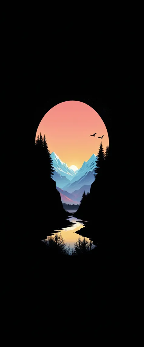 vibrant sunset, layered mountain silhouettes, reflection in the river, pins, bird in flight, natural landscapes, dark foreground...