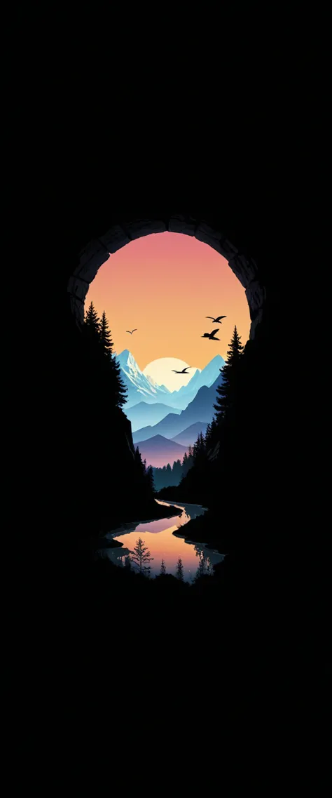 vibrant sunset, layered mountain silhouettes, reflection in the river, pins, bird in flight, natural landscapes, dark foreground...