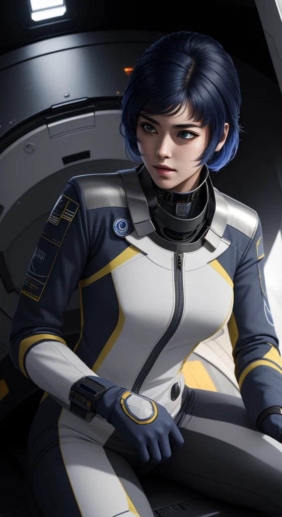 (best quality), (masterpiece),(ultra-detailed:1.2),photorealistic,ultra high res, 1girl, kusuha, pilot suit, futuristic, inside the Space Battleship, 