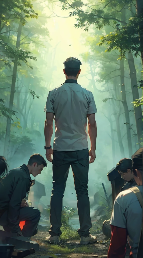 war，战fire，Gunsmoke，red，fire，fire焰，A man&#39;s back stands among the crowd，（The four people bowed their heads and knelt on one knee to salute him.：1.5），The background is in the forest，Wearing modern clothes, And soft colors in a circle in the forest. Create a surreal fantasy atmosphere.，momentum，Hot Blood，Marching through the burning forest。.