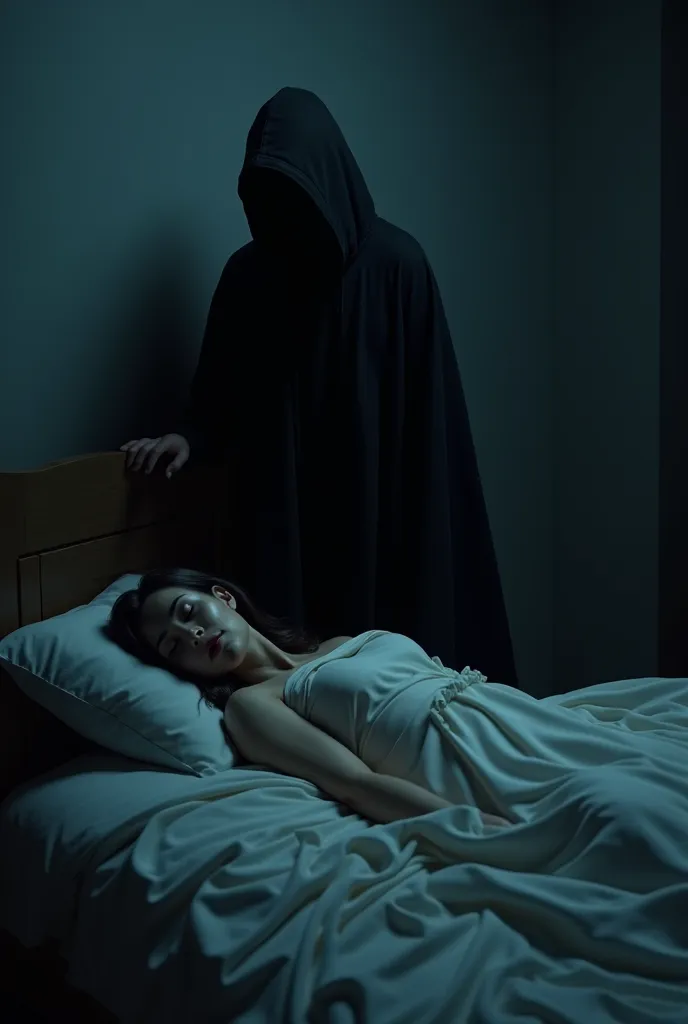 In a dark bedroom in the middle of the night, the Grim Reaper appears at the bedside of a sleeping woman, ((masterpiece, Highest quality, Best image quality, High resolution, Realistic, RAW Photos, 8k, Highly detailed CG synthesis 8k wallpaper)), (Huge and stunning goddess shot, Very hot and sexy, Incredible beauty, Perfect Proportions, Beautiful body, Slim body beauty:1.4), view from above, Backlight, 