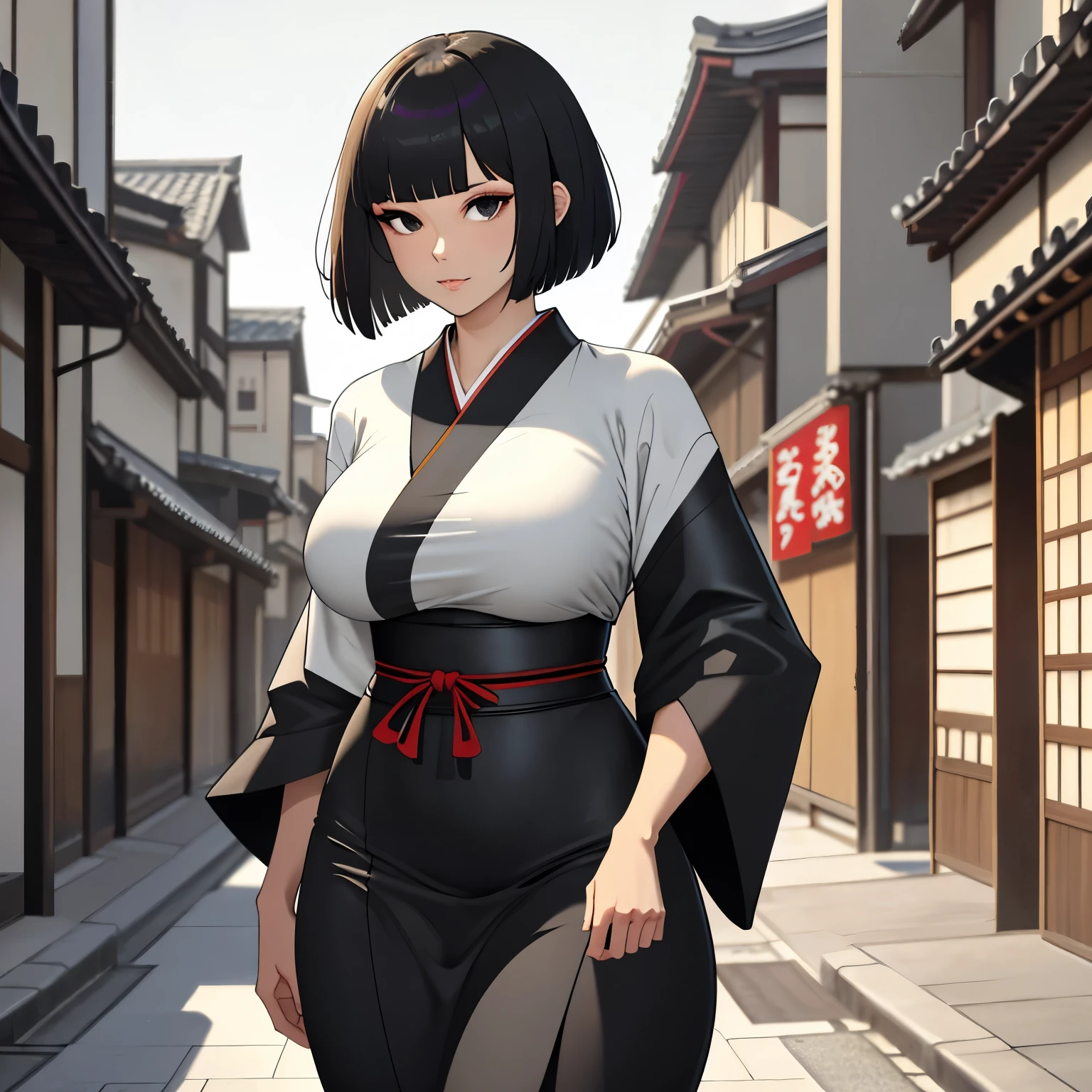 (Masterpiece), (detailed), (high res), (best quality), slim sumo girl, black square haircut and long haircut, black eyes, white kimono, slim sumo girl walking through medieval Japanese city street, very slim, dying from hunger, flat breasts
