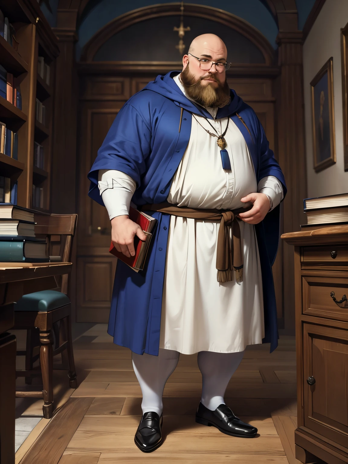 (masterpiece, highest quality:1.2, Ultra-high resolution), medieval minister, (1fat man), bald & short mustache,glasses, blue robe, grabbing a book on hand, ((no back grounds)), full body shot, (standing), (directly front view, directly front angle),