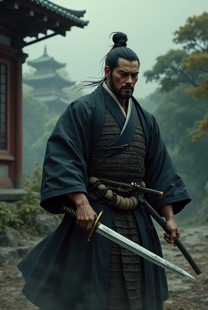 A samurai assassinating Ryoma Sakamoto, highly detailed, beautiful cinematic lighting, dramatic scene, realistic, photorealistic, detailed facial features, striking poses, chiaroscuro lighting, traditional Japanese architecture, natural landscape, moody atmosphere, muted color palette, masterpiece, 8k, extreme detail, vibrant colors, volumetric lighting, dramatic shadows, hyper-realistic, dynamic composition, cinematic framing, digital painting