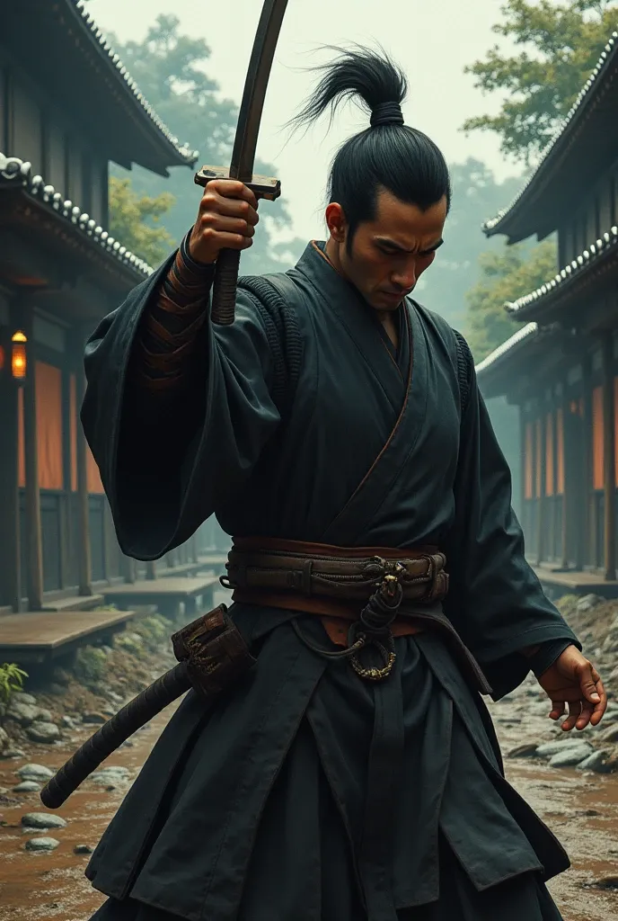 A samurai assassinating Ryoma Sakamoto, highly detailed, beautiful cinematic lighting, dramatic scene, realistic, photorealistic, detailed facial features, striking poses, chiaroscuro lighting, traditional Japanese architecture, natural landscape, moody atmosphere, muted color palette, masterpiece, 8k, extreme detail, vibrant colors, volumetric lighting, dramatic shadows, hyper-realistic, dynamic composition, cinematic framing, digital painting