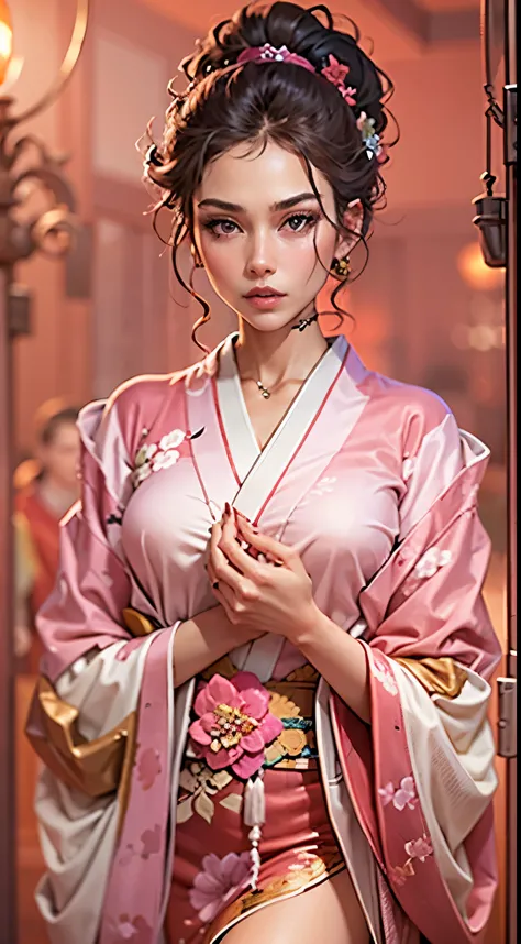 a beautiful young woman in a pink kimono, onyx beaded jewelry, detailed facial features, long elegant legs, elegant pose, photor...