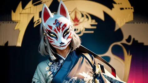 fox mask、silver hair、blue kimono、one girl, official art, unity 8k wallpaper, super detailed, beautifully、aesthetic, masterpiece,...