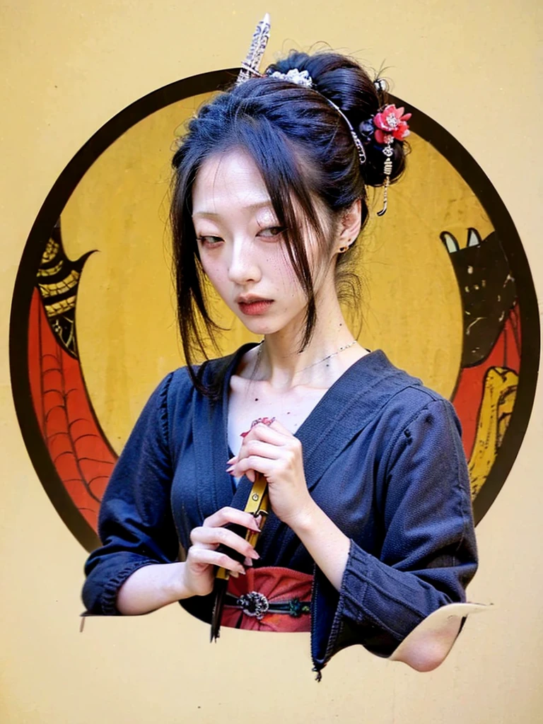 Professional drawing with colored pencils. Geisha with heavy tattoos, With a strange look、With a big knife in his hand. Japan and European style. Moderate nuance color, Contrasting colors. Doodle and Vector Art. ((Highest quality))
