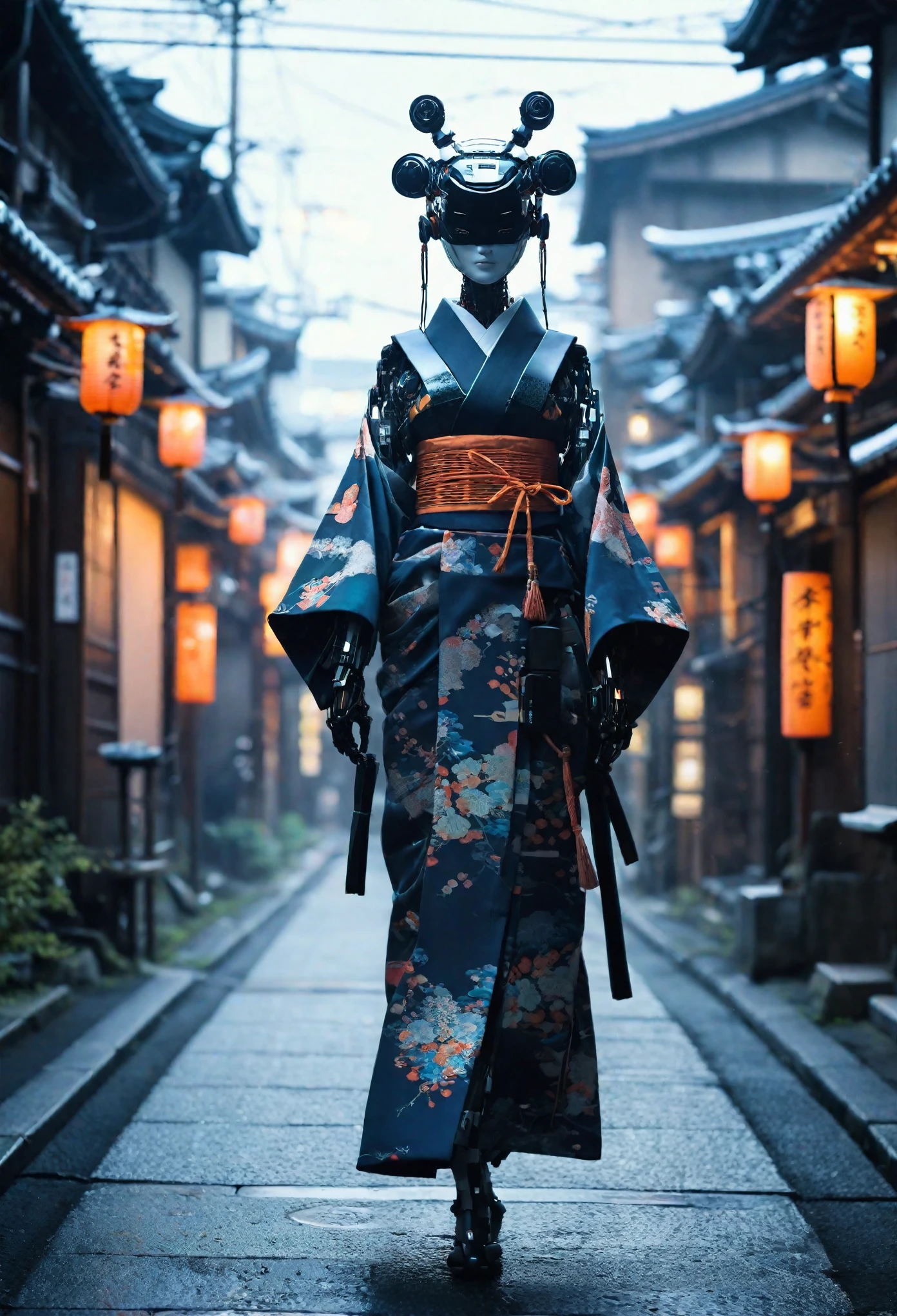 Creating an image of a female android in a beautiful kimono walking through the streets of Kyoto. The style is terrible, and the fusion of humans and robots has a mysterious and creepy atmosphere amidst the beauty. In the background is an old Japanese cityscape. It has a long neck made of machines and wears a mask. Imagine a strange and eerie picture - Ar 9:16.
creepy atmosphere, fusion, horror, Japanese cityscape, long neck, robots, v 6