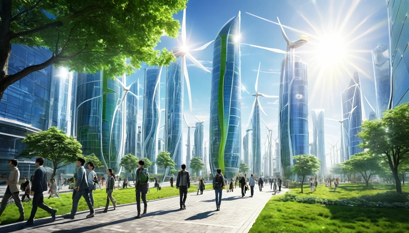 Green Technology,wind energy,Solar,Photovoltaic Technology,future technology,Sci-fi blockbuster,The sun is in the upper right corner,People walking in the middle,high quality,wind energy发电,futuristic city,Clean Energy,Solar发电,smart city,Soft Light