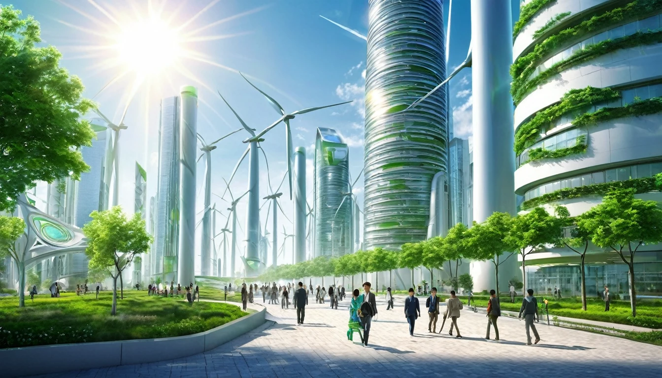 Green Technology,wind energy,Solar,Photovoltaic Technology,future technology,Sci-fi blockbuster,The sun is in the upper right corner,People walking in the middle,high quality,wind energy发电,futuristic city,Clean Energy,Solar发电,smart city,Soft Light