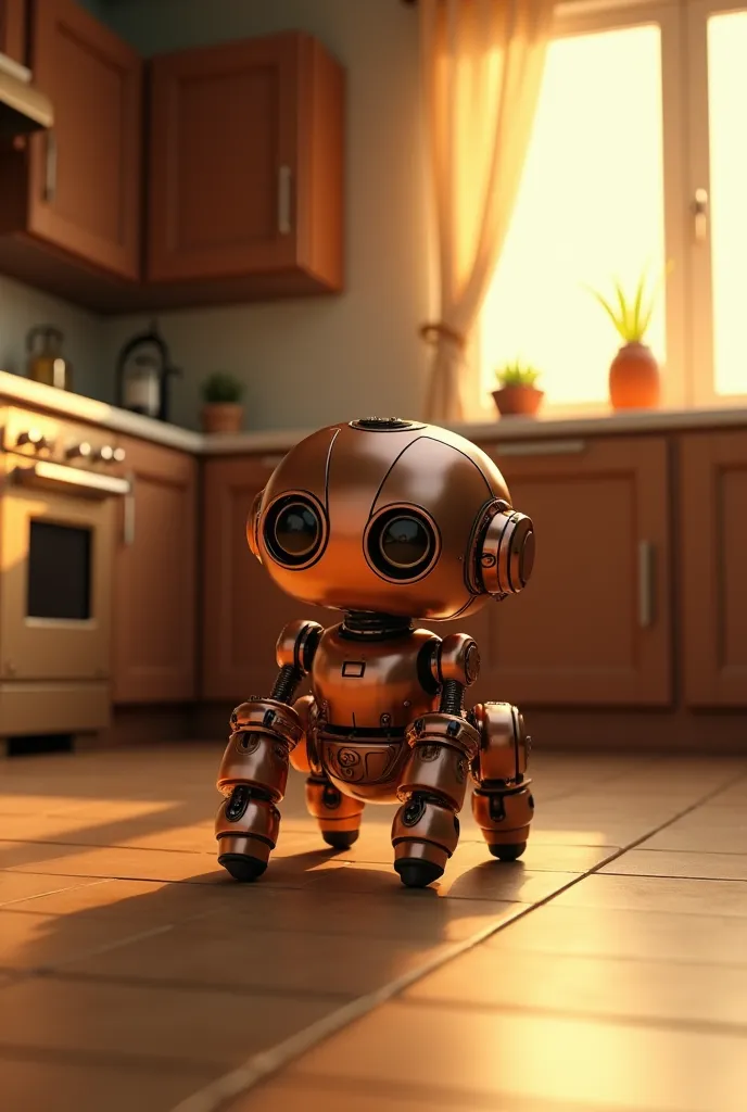 a small cute retro robot, copper body, caterpillar feet, in a normal household kitchen, sunset light through the window, cinematic lighting, 8k, highres, masterpiece, intricate details, photorealistic, warm tones, glowing warm lighting