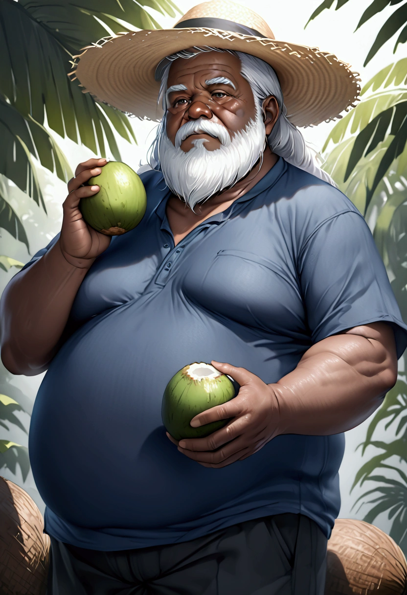 a wise fat old black man with a straw hat, very gray hairy body, holding two coconuts, calm serene expression, white hair and short beard, wearing shorts, (best quality,4k,8k,highres,masterpiece:1.2),ultra-detailed,(realistic,photorealistic,photo-realistic:1.37),highly detailed body, cinematic lighting,dramatic shadows,dramatic colors,chiaroscuro lighting