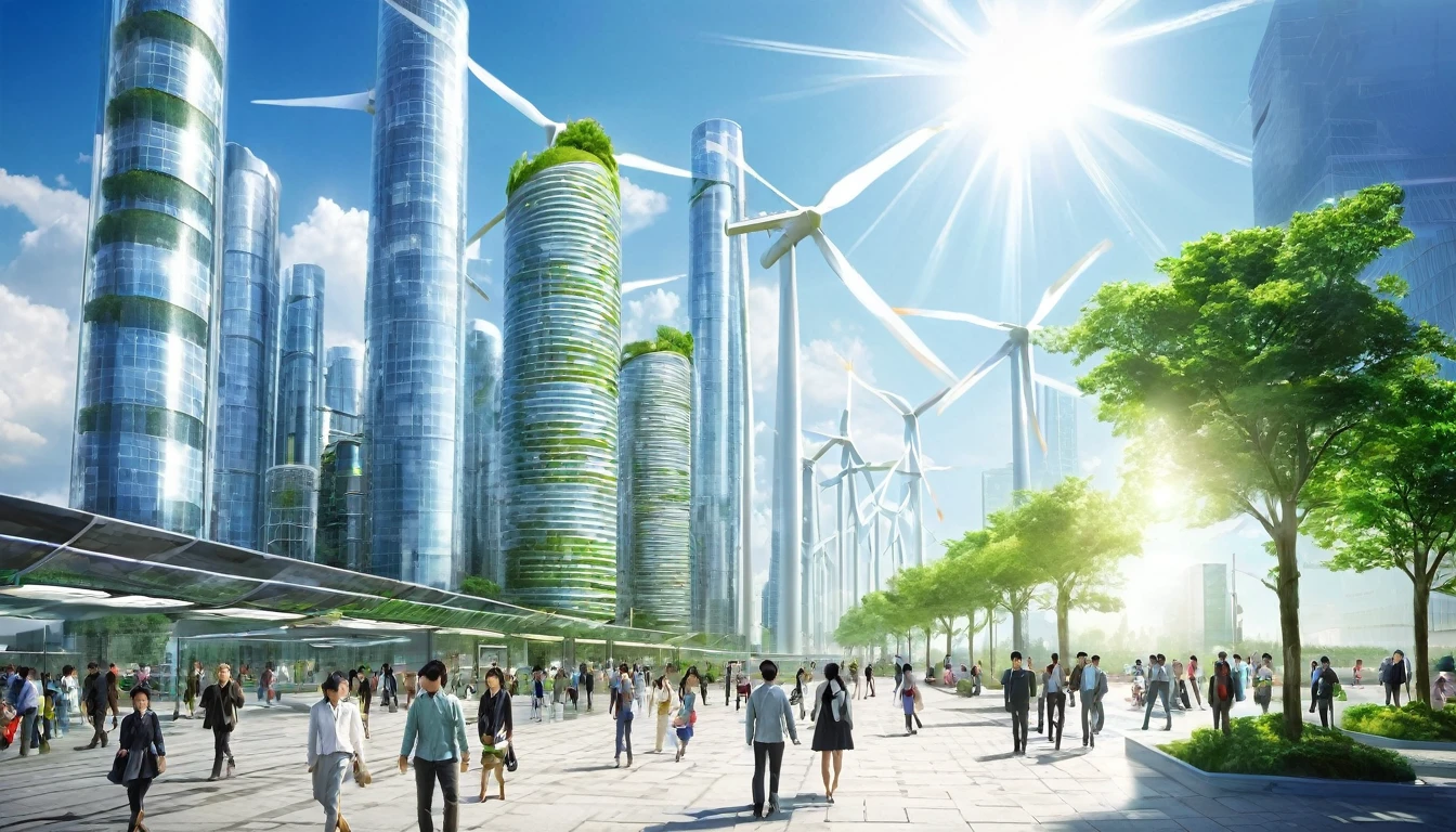 Green Technology,wind energy,Solar,Photovoltaic Technology,future technology,Sci-fi blockbuster,The sun is in the upper right corner,People walking in the middle,high quality,wind energy发电,City,Clean Energy,Solar发电,智慧City,Soft Light