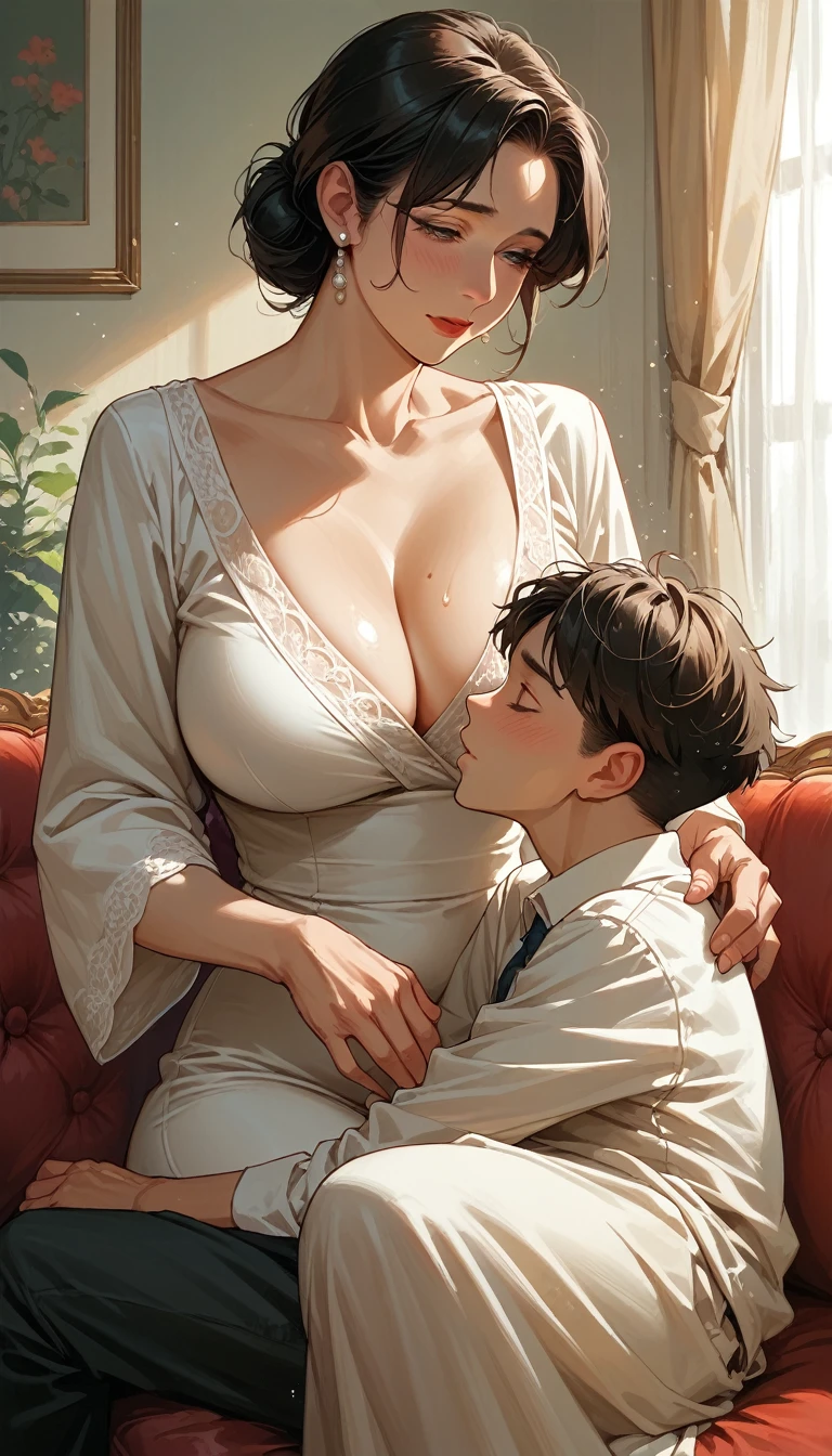 score_9, score_8_up, score_7_up, source_anime, 1boy, 1 busty mother, mature female, mother and stepson, (((1 man sits under woman&#39;s crotch, 1 woman standing, hand on breast, seen from a quarter side, stand up hips))), showing exposed nipples, in the kitchen