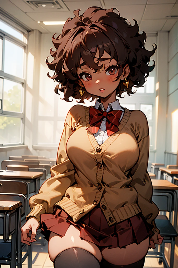 cute girl, black skin, afro, hourglass body, thick lips, thick thighs, wide hips, classroom, curly hair, school uniform, earrings, short hair, red bowtie, brown cardigan, red skirt, pleated skirt, micro miniskirt, black thighhighs