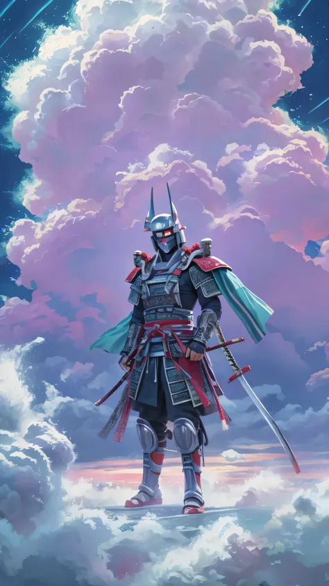 textless, wide shot, background ocean of clouds, CyberRonin, (Cyber-Samurai:1.2)