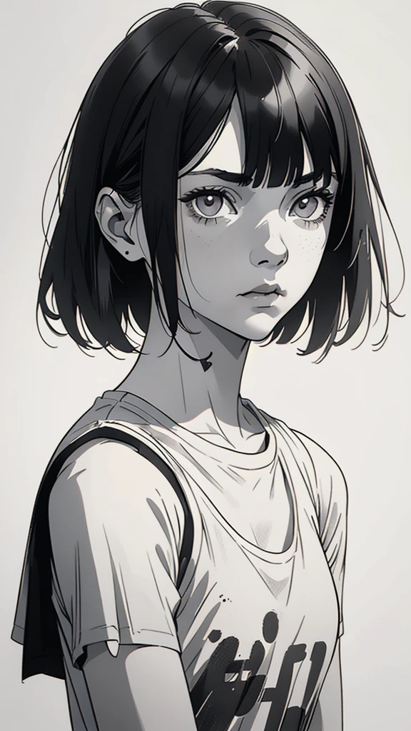 1 boyish girl, solo, sharp eyes, (monochrome), (greyscale), shoulder length black bangs hair, portrait, (blank normal white T-shirt), Thin eyebrows, closed mouth, looking at viewer, detailed lips, hatching \(texture\), without makeup, upper body, (best illustration), (best quality), (very detailed), (masterpiece), expressionless,