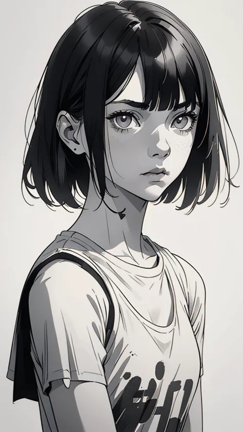 1 boyish girl, solo, sharp eyes, (monochrome), (greyscale), shoulder length black bangs hair, portrait, (blank normal white t-sh...