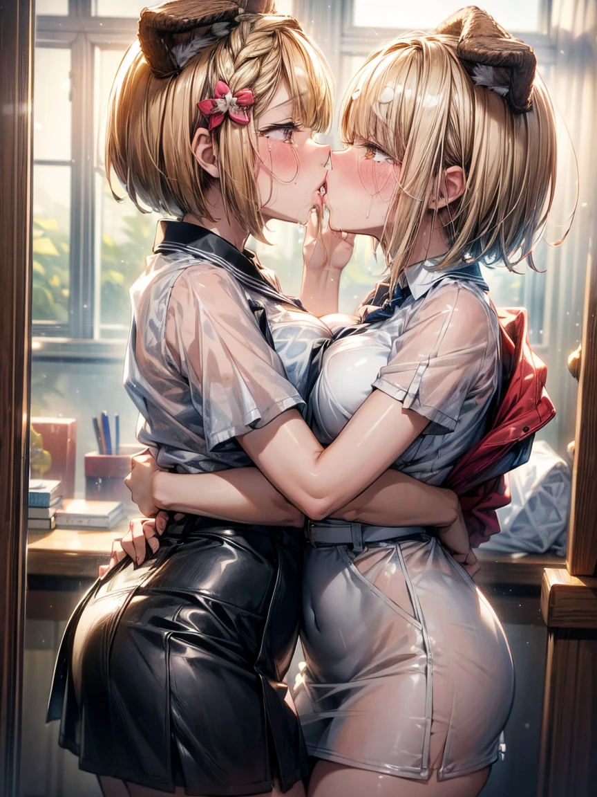 (girl, Middle-aged men:1.2)、White shirt、Pencil Skirt、blush、(kiss)、(hug)、office、Very detailed、High resolution度、4K、masterpiece、High resolution、(tears:1.3)、(Clothes are see-through:1.2)、heart、(Side view)