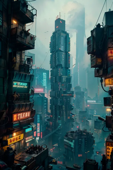 kowloon walled city, cyberpunk version of kowloon,a group of concrete and rusted buildings,a group of dilapidated buildings pile...