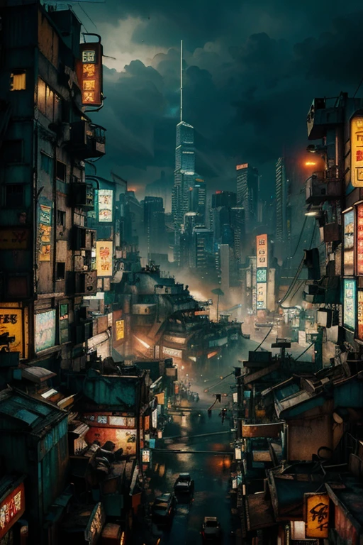 KOWLOoN WALLED CITY, cyberpunk version of Kowloon,a group of concrete and rusted buildings,a group of dilapidated buildings piled on top of each other,group of dilapidated buildings make of concrete and rusted metal piled on top of each other, buildings connected by dilapidated bridge made of scraps, post apocalittics cyberpunk slums,  overcrowded cluster of concrete and rusted metal buildings, neon lights, cyberpunk 2049, Blade Runner style,by Villeneuve, in Villeneuve style, dramatic lighting, night landscape, rain, night skyline