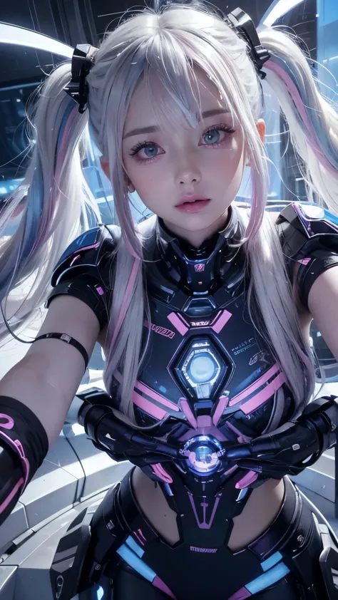 In a high-tech laboratory setting bathed in vibrant blue and pink hues, a young woman with long curly white hair styled in pigtails with black ribbons stands confidently. She adorns a striking silver and pink metallic bikini paired with intricate mechanical arm accessories, exuding a futuristic and edgy vibe. Her pale smooth skin contrasts against cybernetic implants, giving her a distinctly sci-fi appearance. Neon lights illuminate the scene, with dramatic lighting casting strong shadows as light emanates from multiple directions. The focal point is a central futuristic machinery, where the woman stands in a front view pose, looking straight ahead. The shallow depth of field and sharp focus on the subject emphasize vivid colors and high-detail exposure, creating a captivating sci-fi atmosphere.