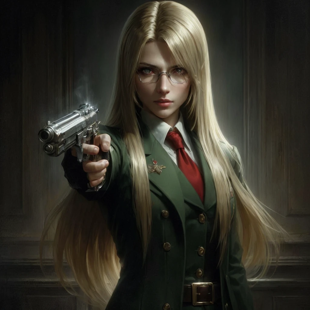 Woman Long straight hair, military-style uniform with shoulder insignia, red tie, white dress shirt, séri, rosto bravo, oculos de grau redondo, holding a cigar in right hand, relaxed pose, looking at camera, indoor dark background, low light source from the upper left, smoke drifting upwards, serious atmosphere. Integra hellsing ((Best quality, 8k, Masterpiece : 1.3)), upper bod y, Sharp focus : 1.2, Beautiful woman with perfe ct figure, Highly detailed facial and skin textur e, Detailed eyes, Double evelids, Interior view, f erpect lighting, Glowing skin,